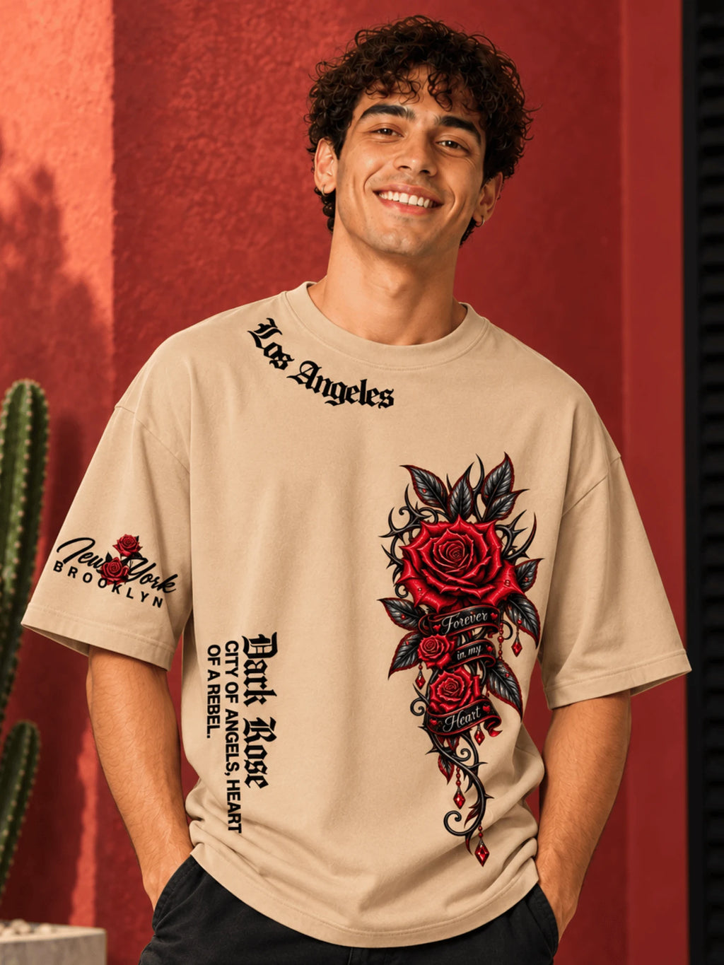 Excello Men's 'Dark Rose' Rebel Graphic Oversized T-Shirt | Beige