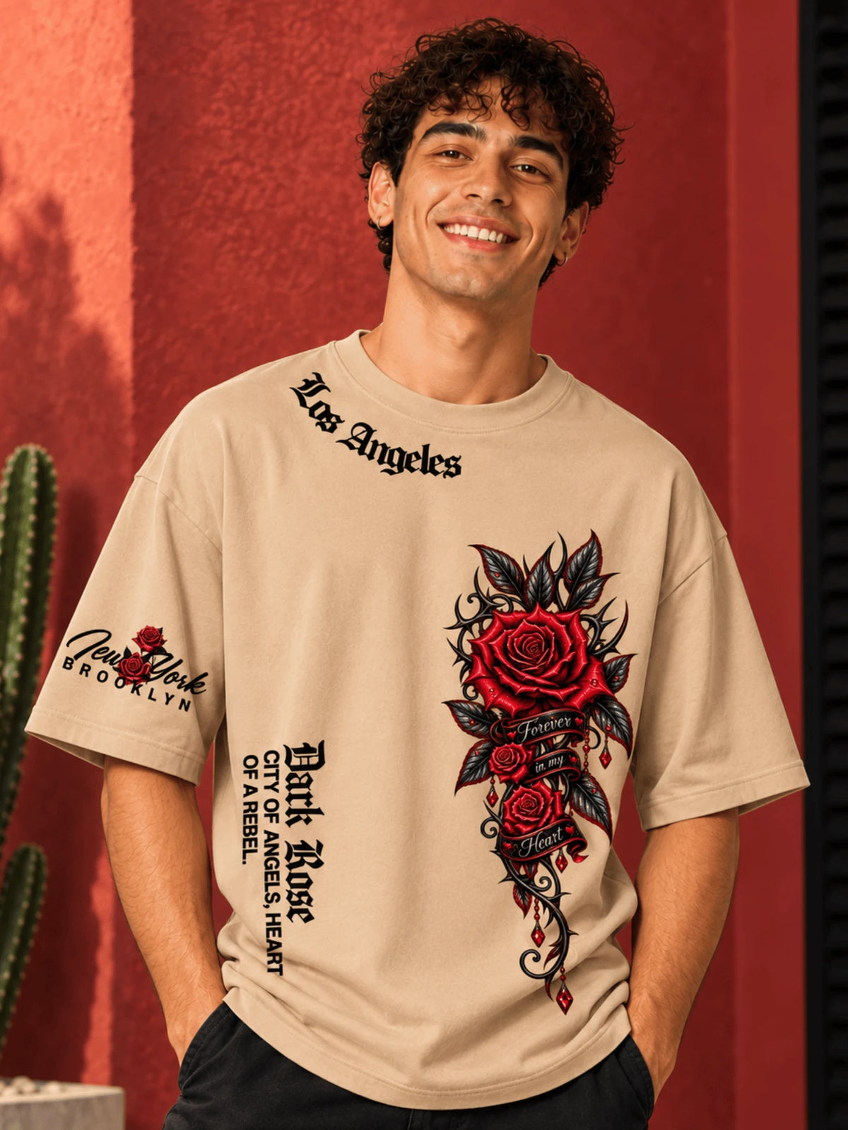 Excello Men's 'Dark Rose' Rebel Graphic Oversized T-Shirt | Beige