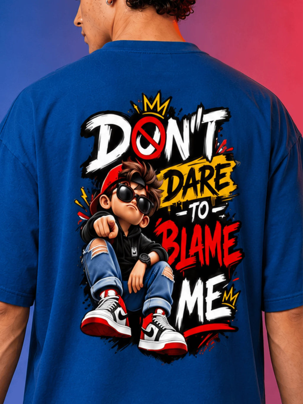 Excello Men's 'Don't Dare To Blame Me' Graphic Oversized T-Shirt | Air Force Blue