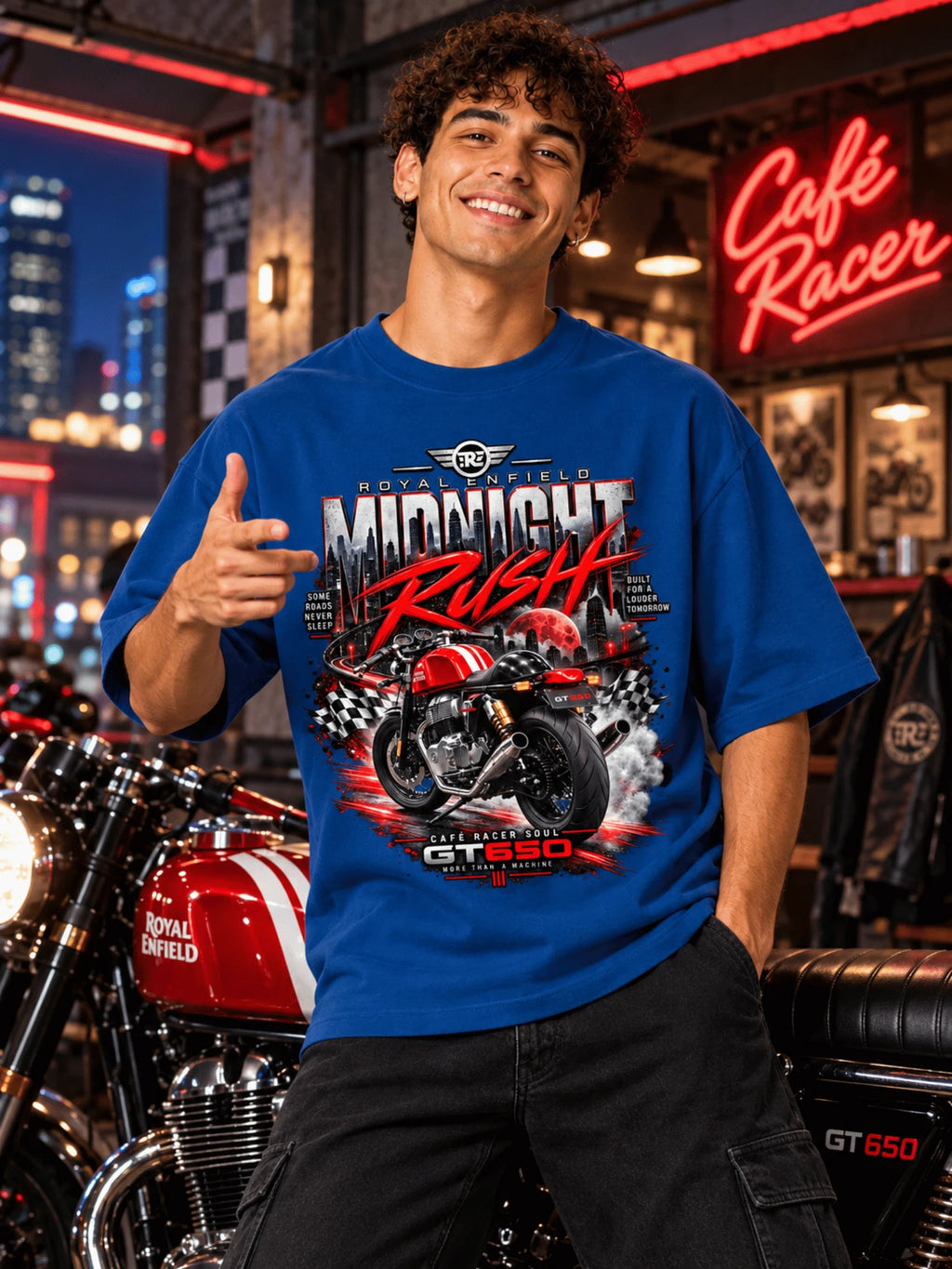 Excello Men's Royal Enfield GT 650 'Midnight Rush' Graphic Oversized T-Shirt | Air Force Blue