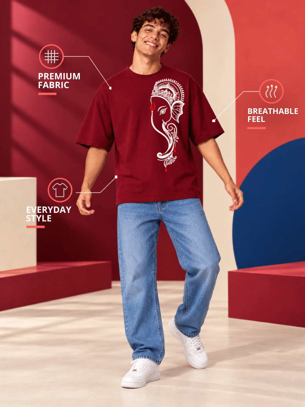 Excello Men's Minimalist Ganesha Line Art Graphic Oversized T-Shirt - 240 GSM Pure Cotton, Bio-Washed-Maroon