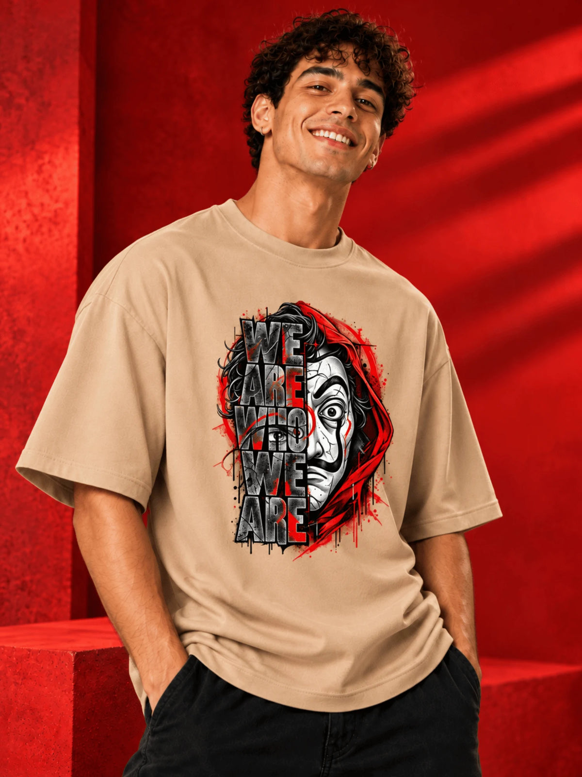 Excello Men's 'We Are Who We Are' Statement Graphic Oversized T-Shirt | Beige