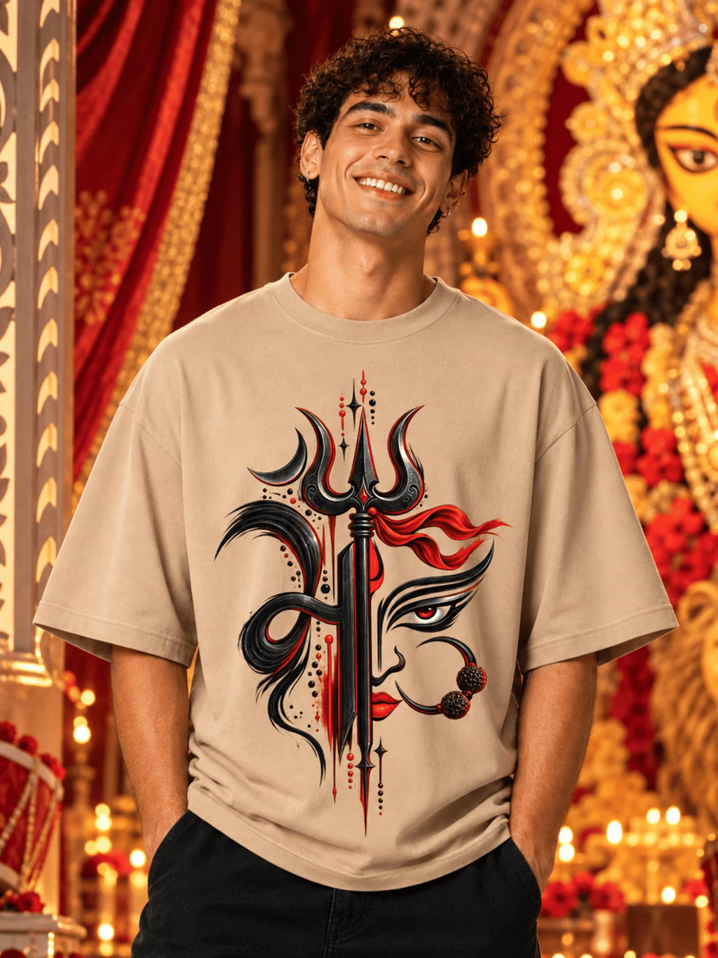 Excello Men's Divine Maa Durga Trishul Graphic Oversized T-Shirt - 180 GSM Premium Cotton | Beige