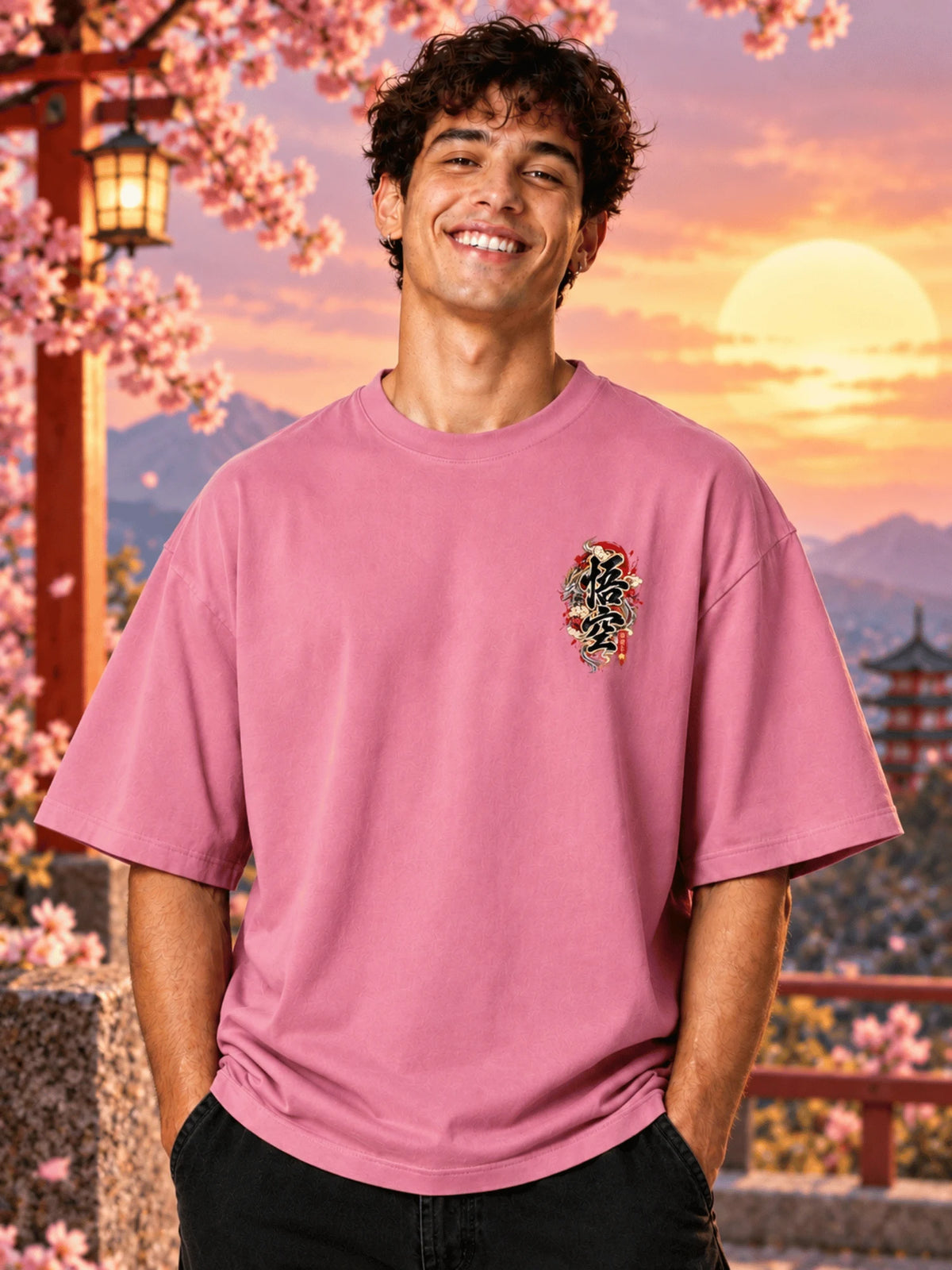 Excello Men's  Anime Dragon Graphic Oversized T-Shirt | Rose Pink