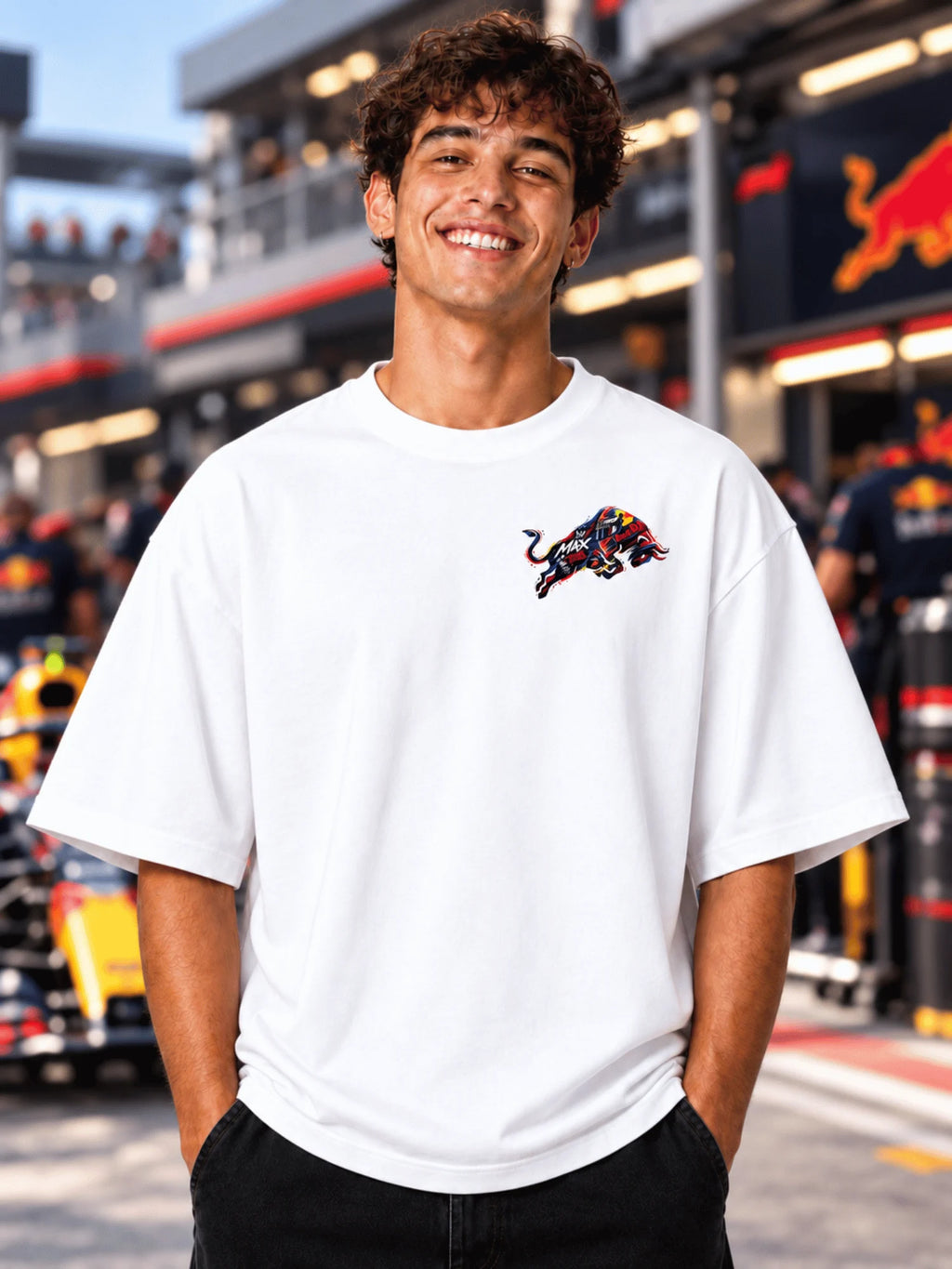 Excello Men's Max Verstappen Racing Graphic Oversized T-Shirt | White