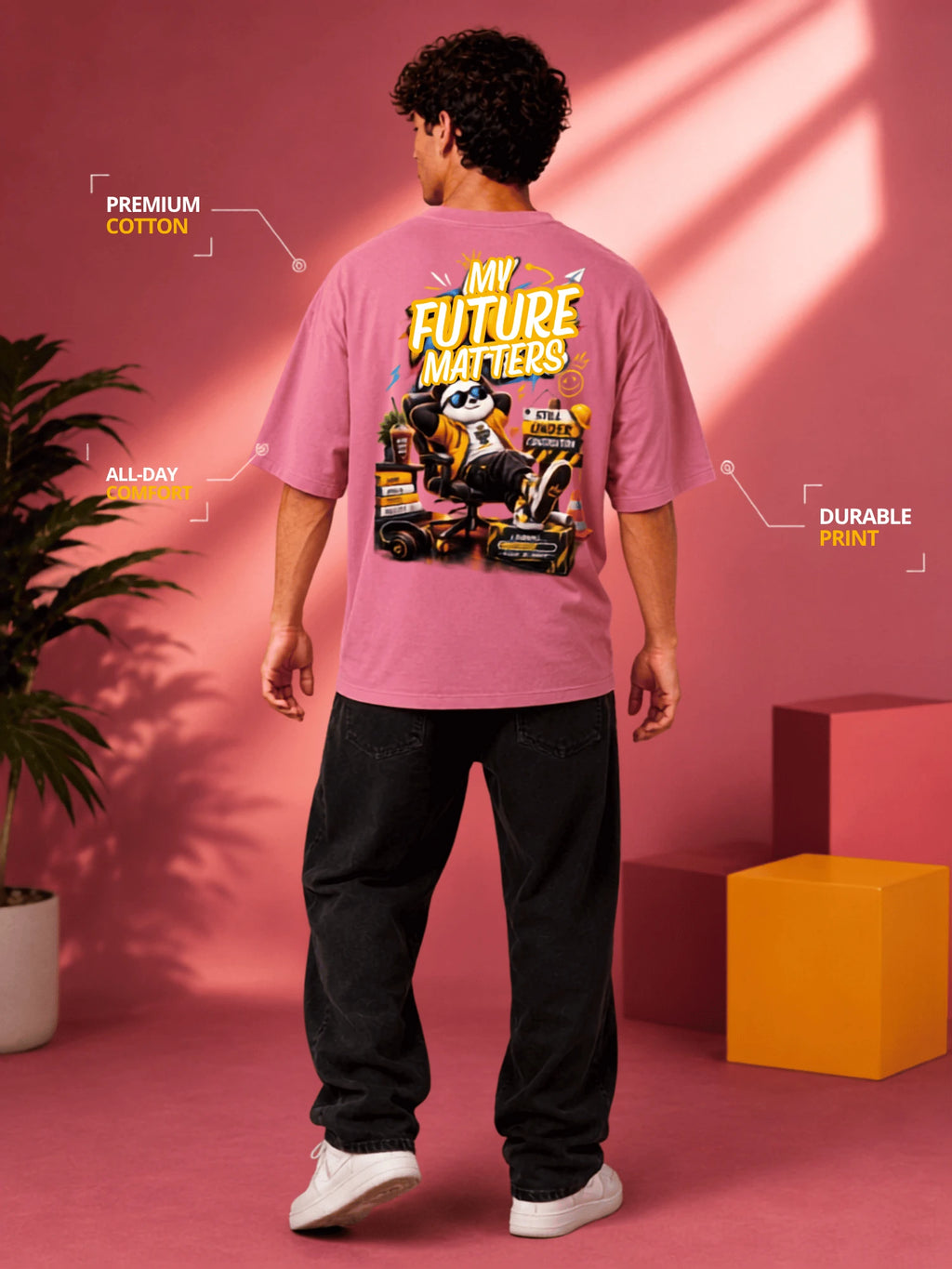 Excello Men's 'My Future Matters' Panda Graphic Oversized T-Shirt | Pink