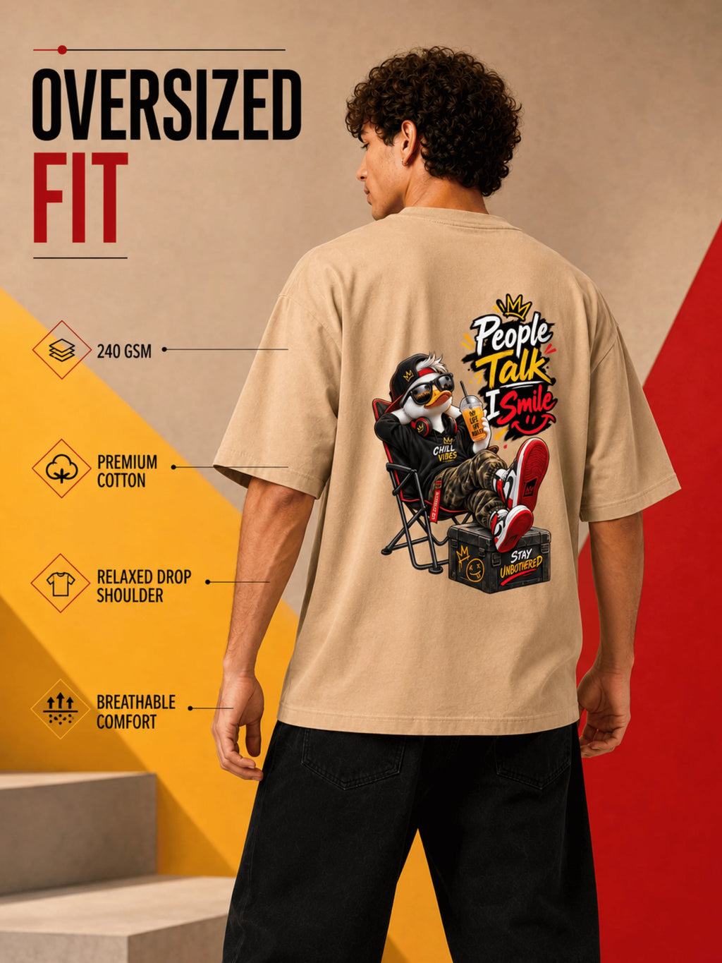 Excello Men's 'People Talk I Smile' Chill Duck Graphic Oversized T-Shirt | Beige