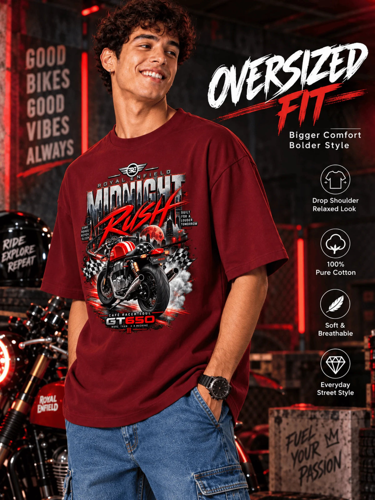Excello Men's Royal Enfield GT 650 'Midnight Rush' Graphic Oversized T-Shirt | Maroon