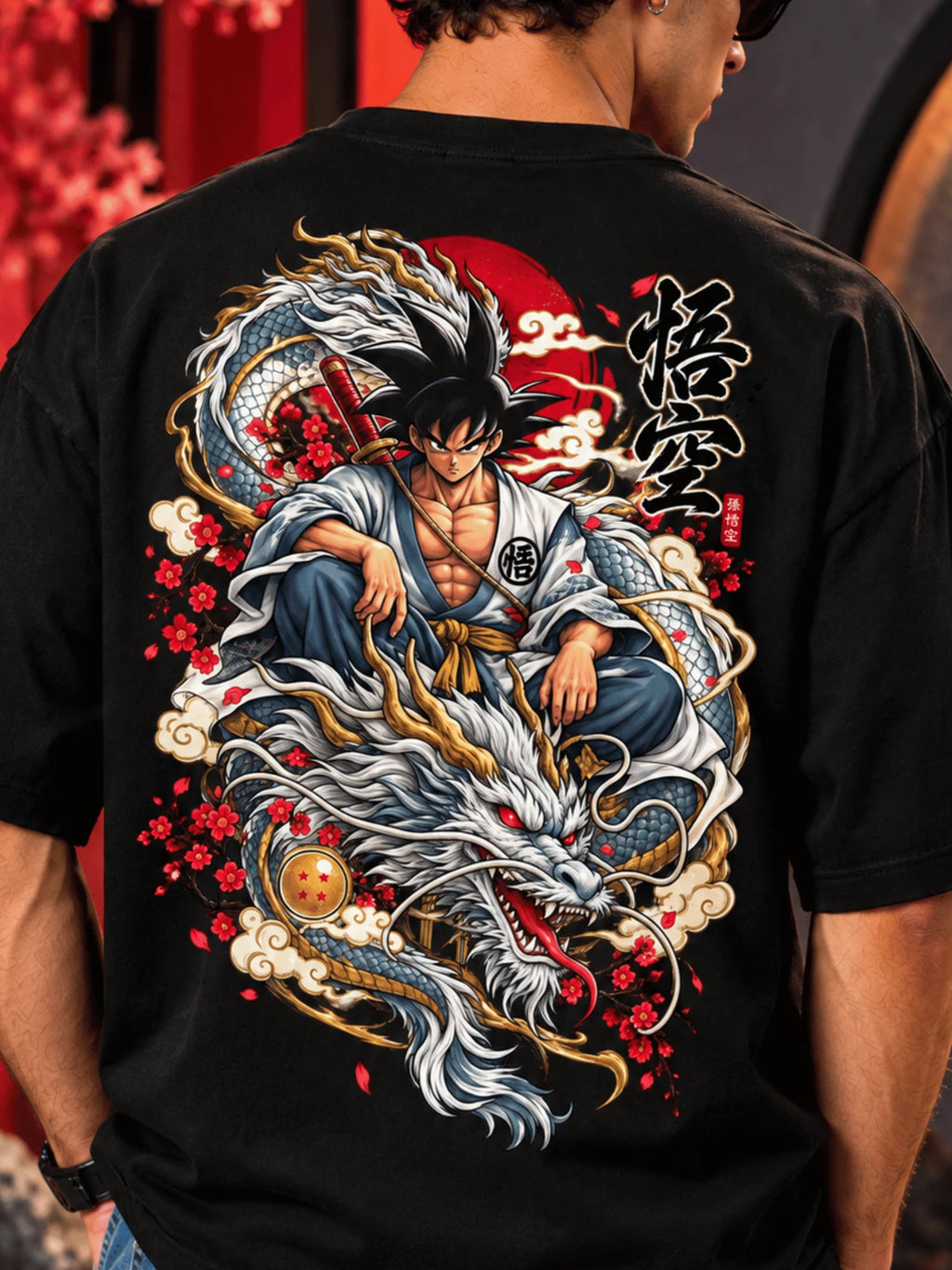 Excello Men's  Anime Dragon Graphic Oversized T-Shirt | Black