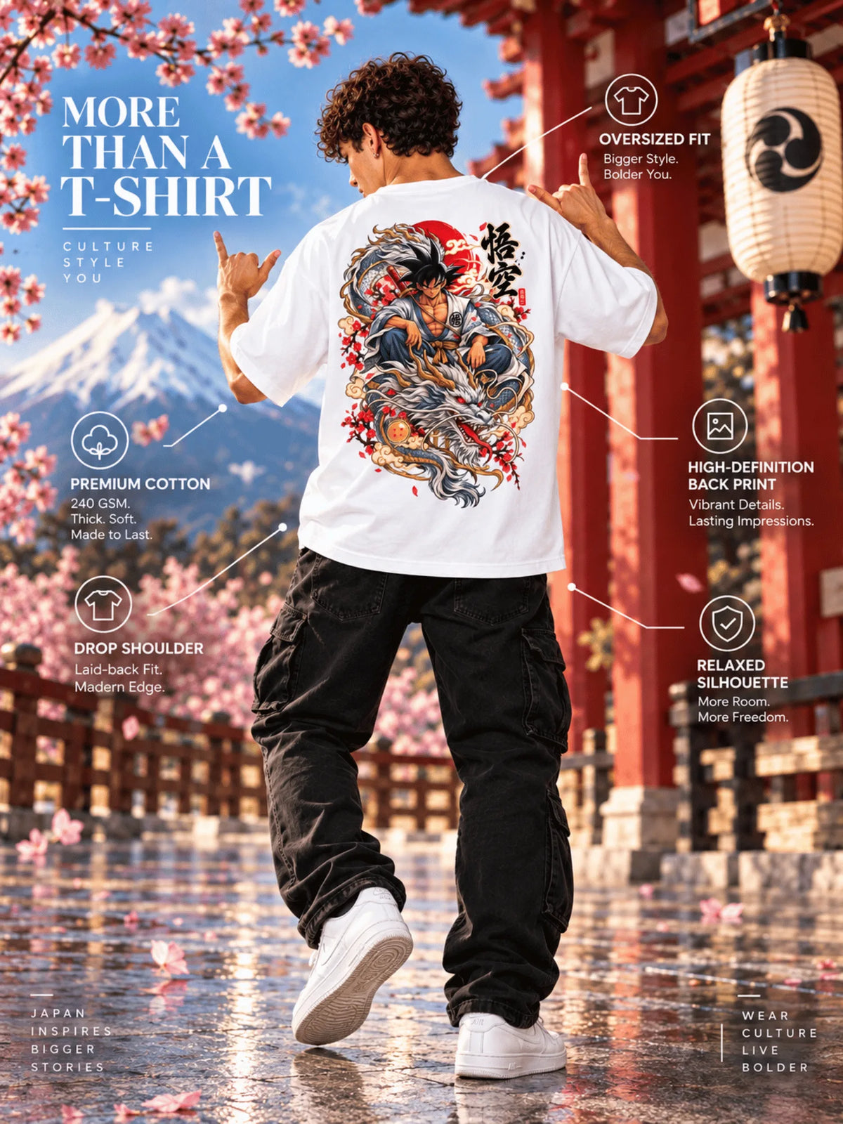 Excello Men's  Anime Dragon Graphic Oversized T-Shirt | White