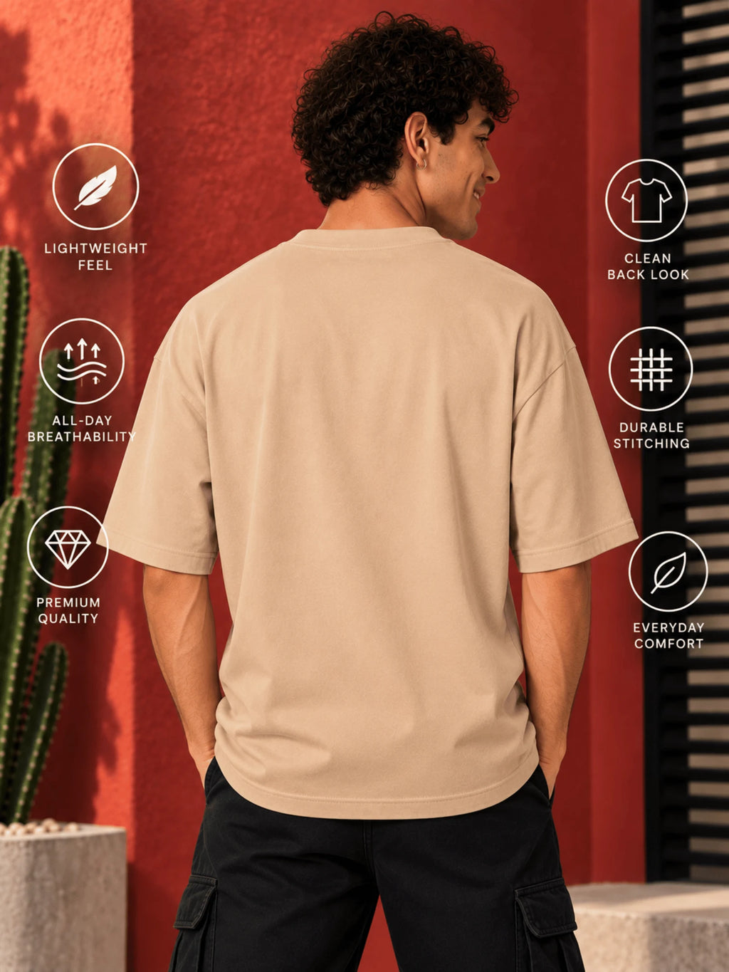 Excello Men's 'Dark Rose' Rebel Graphic Oversized T-Shirt | Beige