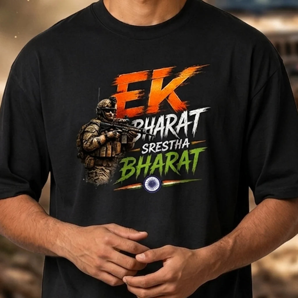 Men's "Ek Bharat Srestha Bharat" Oversized Graphic T-Shirt - 240 GSM Pure Cotton, Bio-Washed