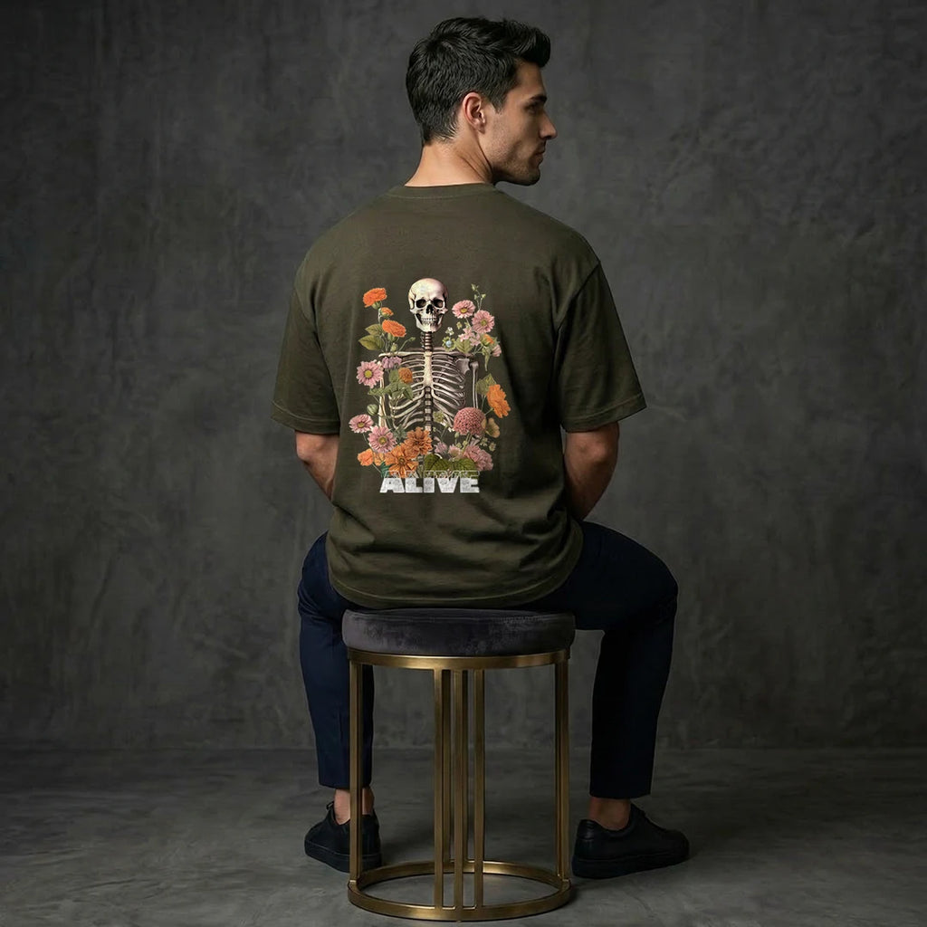 "Alive" Memento Mori Floral Skull Oversized T-Shirt – Olive Green