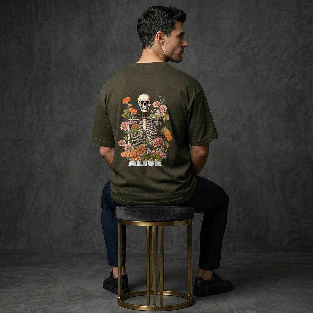 "Alive" Memento Mori Floral Skull Oversized T-Shirt – Olive Green