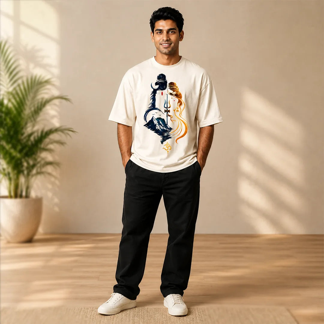 Men's Divine Ardhanareshvara Oversized Graphic T-Shirt - 240 GSM Pure Cotton, Bio-Washed