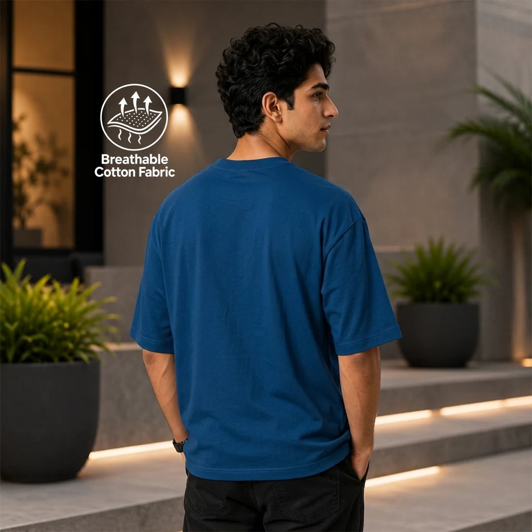 Excello Men's Radha Krishna Line Art Graphic Oversized T-Shirt - 240 GSM Pure Cotton, Bio-Washed