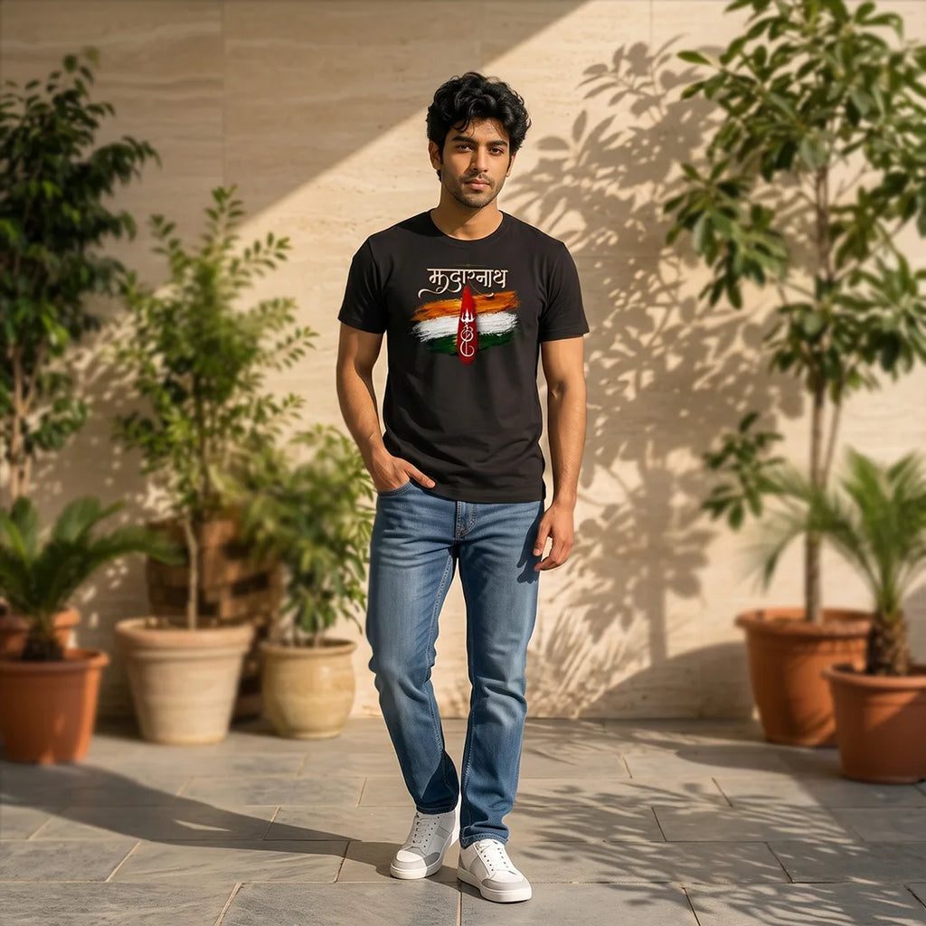 Men's Pure Cotton Regular Fit Kedarnath Tricolor Printed T-Shirt | 180 GSM Bio-Washed Spiritual Graphic Tee