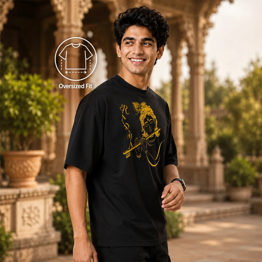 Excello Men's Radha Krishna Line Art Graphic Oversized T-Shirt - 240 GSM Pure Cotton, Bio-Washed