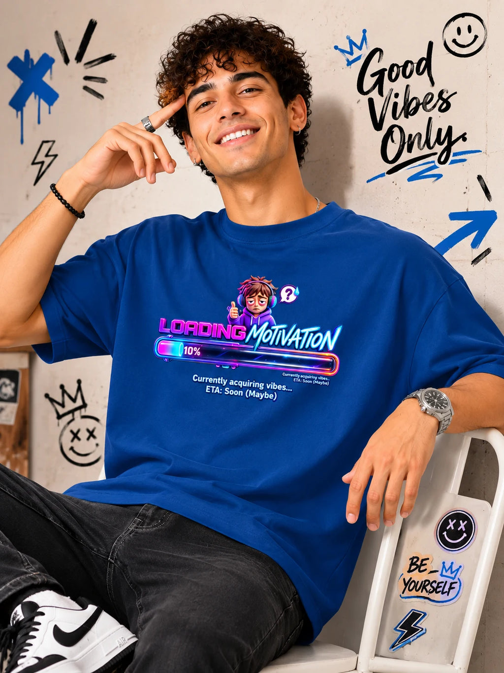 Excello Men's 'Loading Motivation' Gamer Graphic Oversized T-Shirt | Air Force Blue
