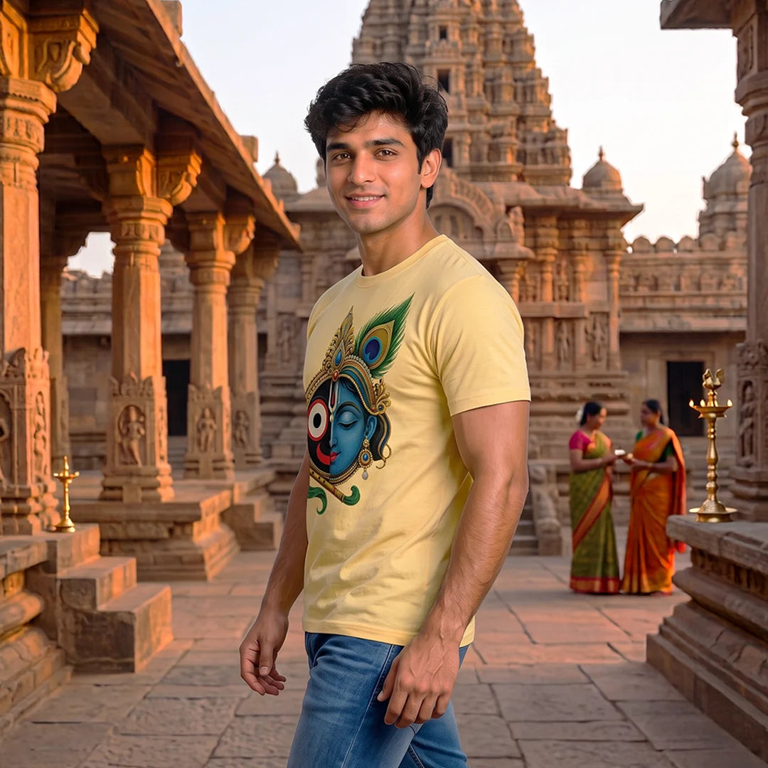 Men's Pure Cotton Lord Jagannath & Sri Krishna Fusion Graphic Printed T-Shirt