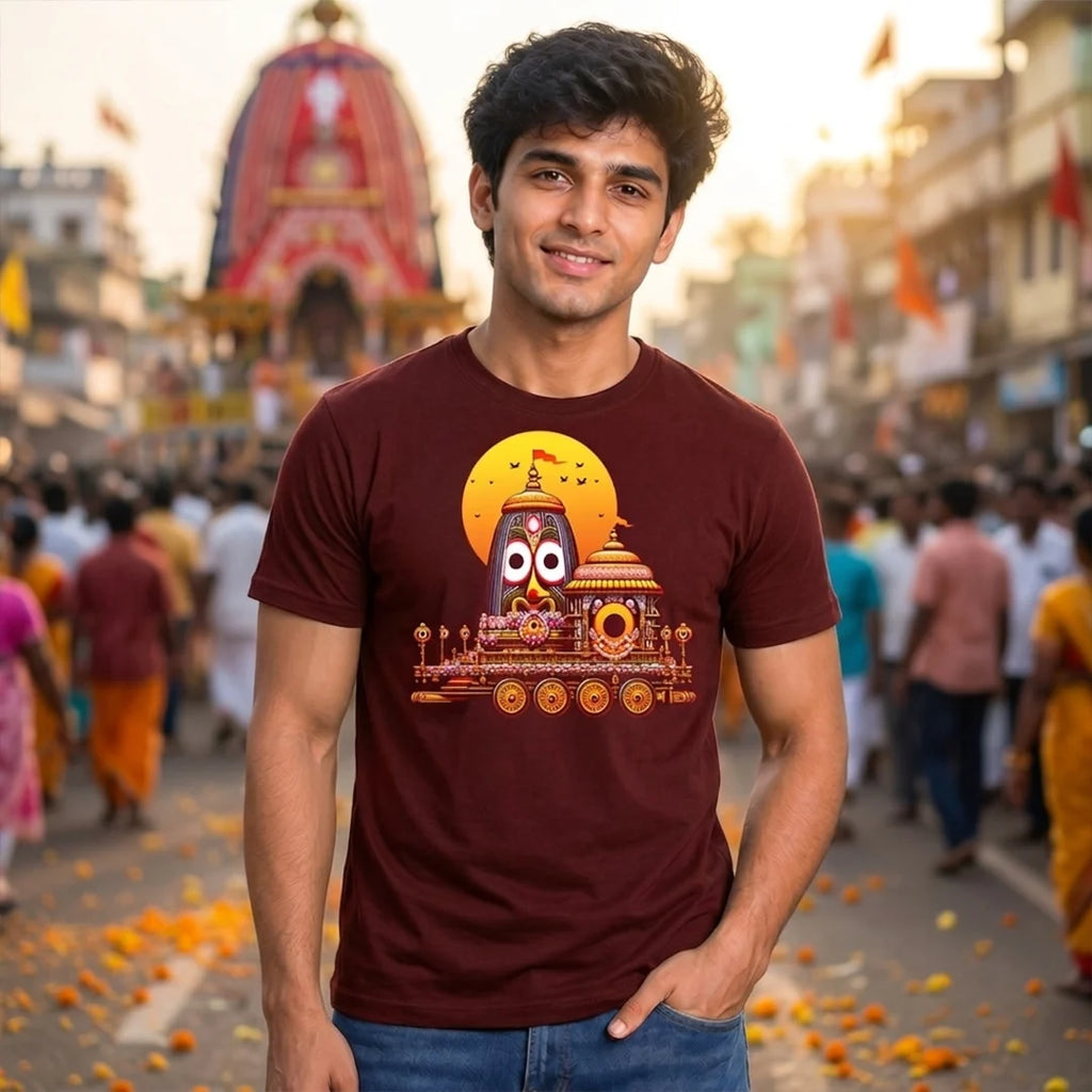 Premium Men's Pure Cotton Lord Jagannath Face & Rath Yatra Chariot Graphic T-Shirt