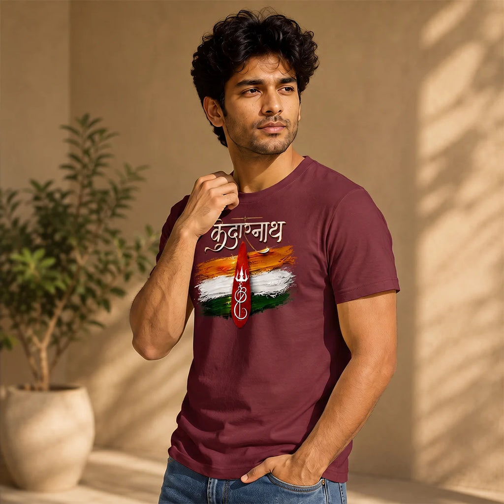 Men's Pure Cotton Regular Fit Kedarnath Tricolor Printed T-Shirt | 180 GSM Bio-Washed Spiritual Graphic Tee
