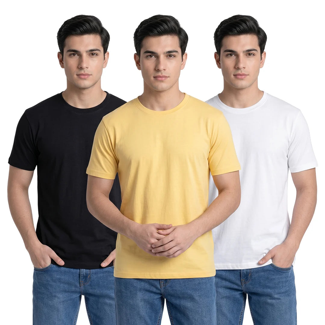 Premium Men’s Round Neck Pure Cotton T-Shirt Combo – 180 GSM Biowashed Regular Fit Half Sleeve Tees (Pack of 3)