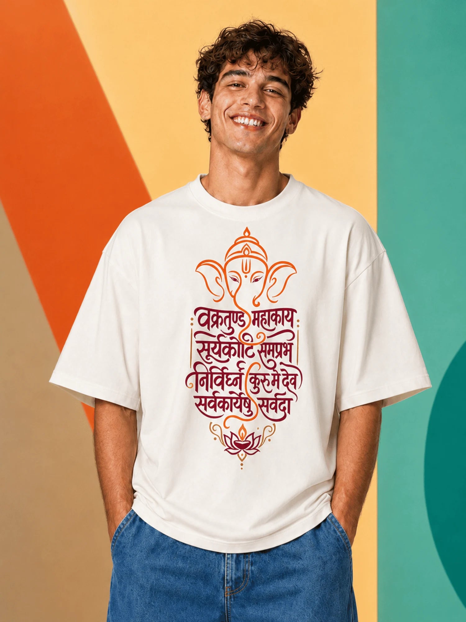 Excello Men's Vakratunda Mahakaya Ganesha Graphic Oversized T-Shirt - 240 GSM Pure Cotton, Bio-Washed-Off White