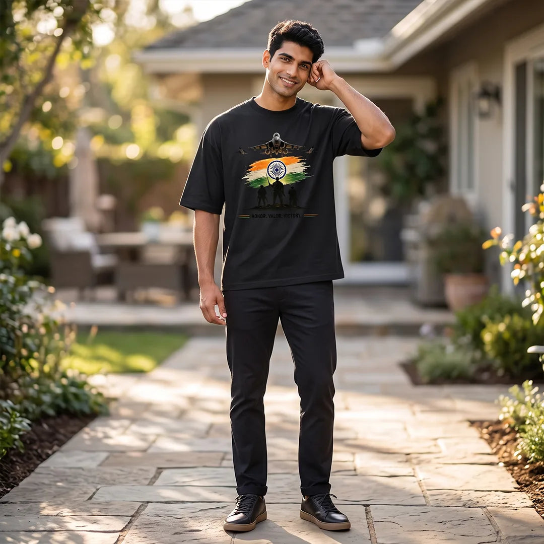 Men's Oversized Graphic T-Shirt - "Guardians of the Skies" IAF Tribute, 240 GSM Pure Cotton