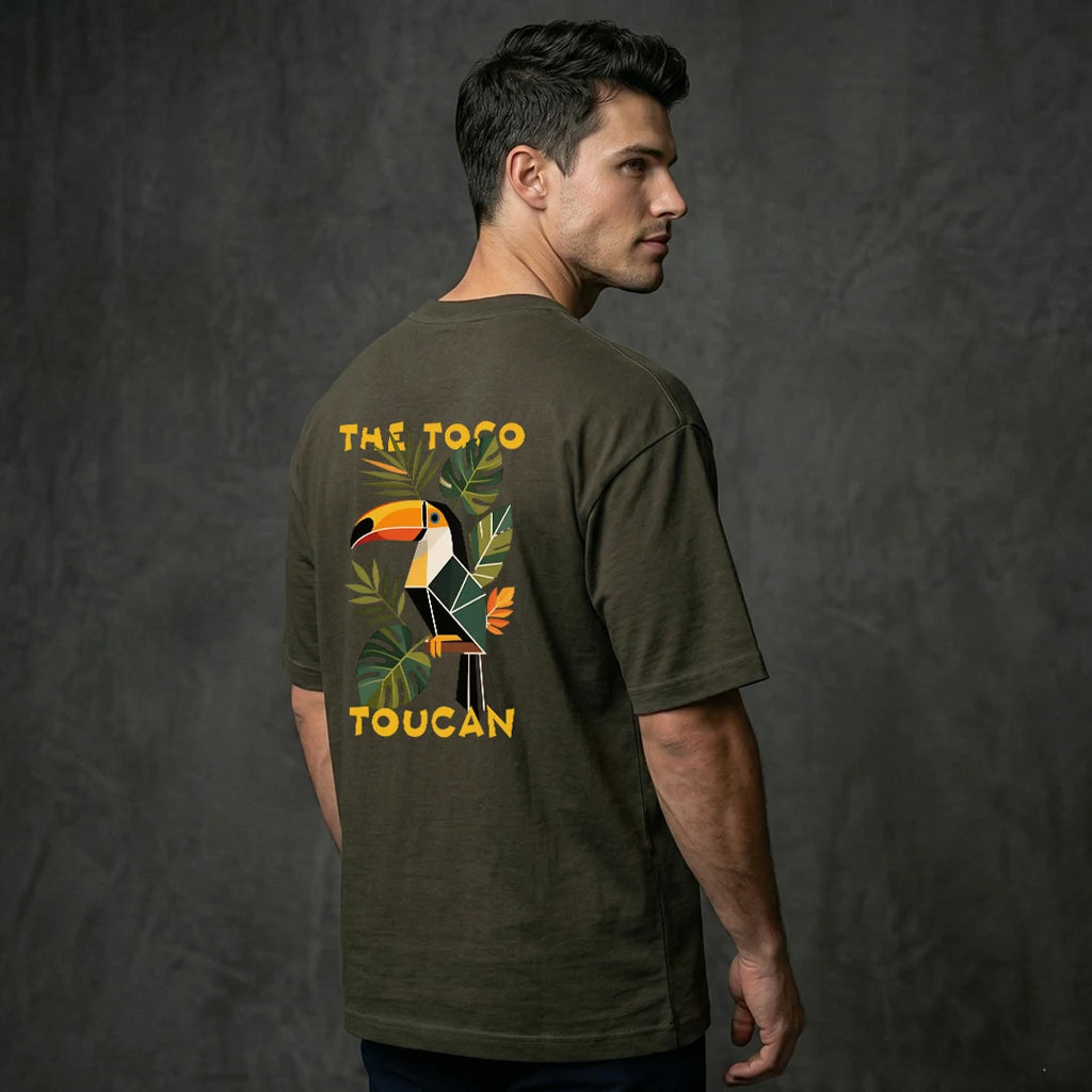 "The Toco Toucan" Tropical Graphic Oversized T-Shirt – Olive Green