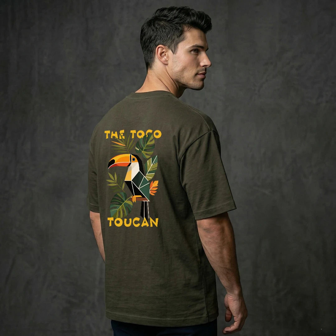 "The Toco Toucan" Tropical Graphic Oversized T-Shirt – Olive Green