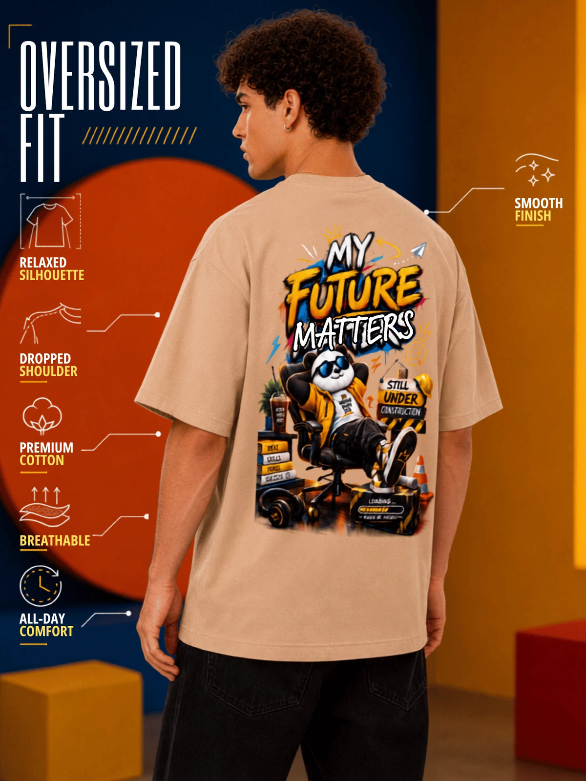 Excello Men's 'My Future Matters' Panda Graphic Oversized T-Shirt | Beige