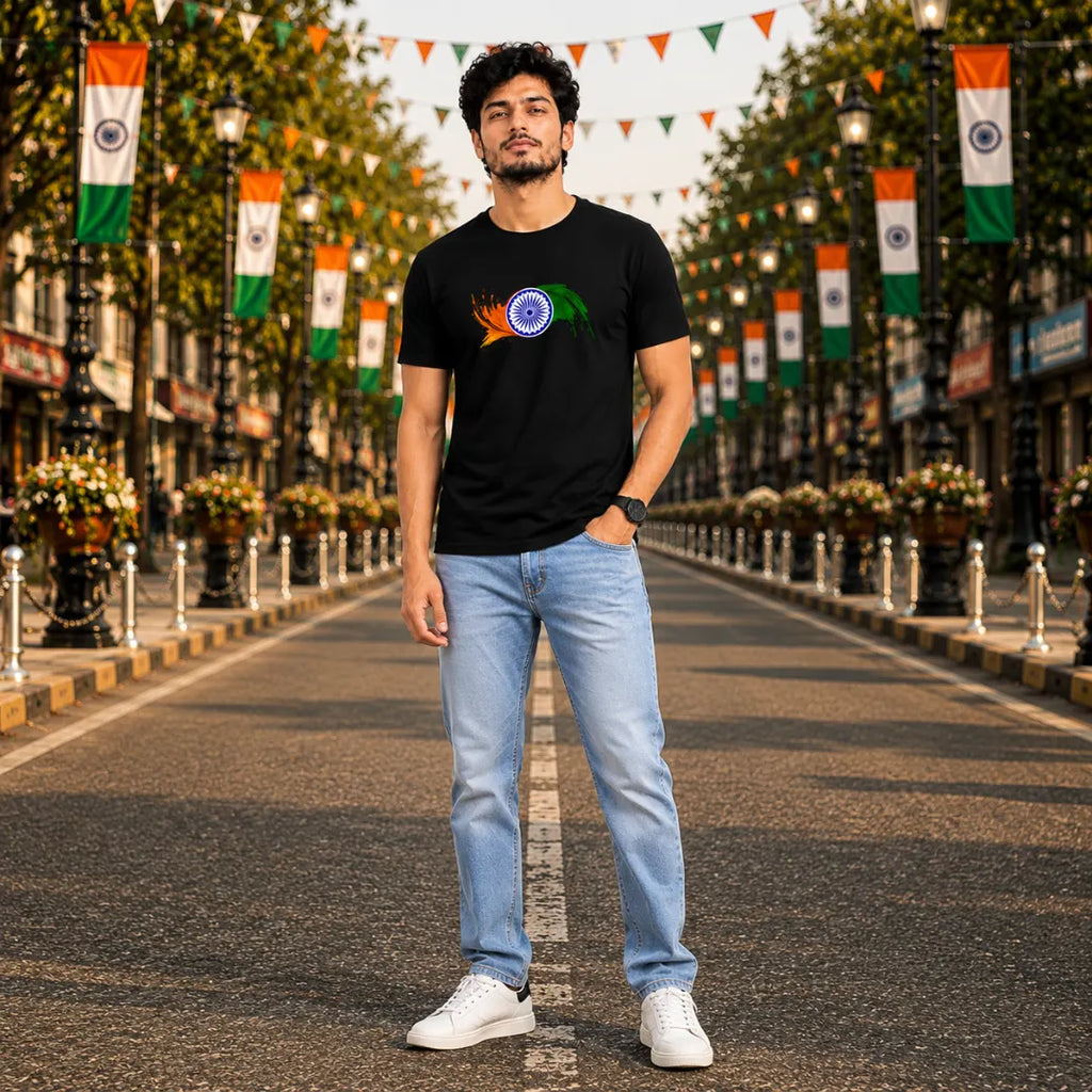 Premium Patriotic Ashoka Chakra T-Shirt | 180 GSM Pure Cotton, Bio-Washed Regular Fit