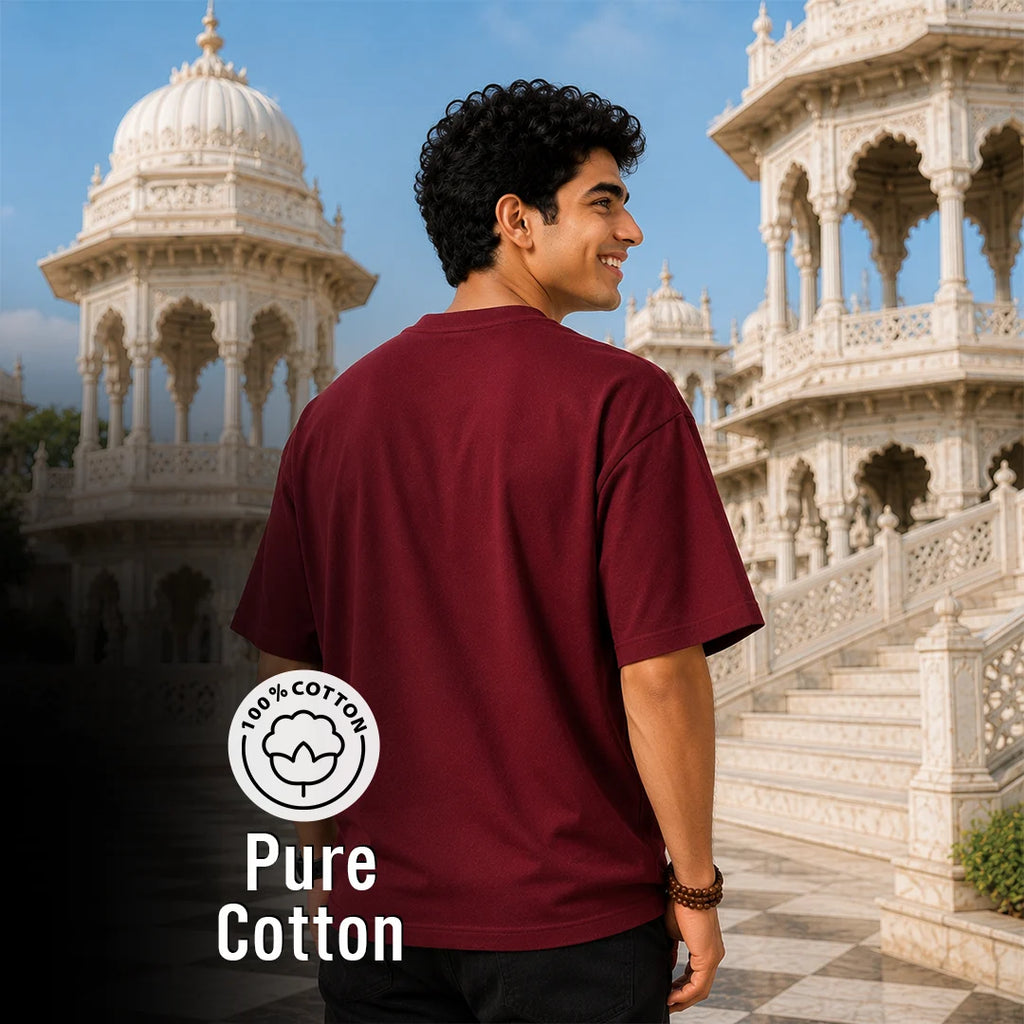 Excello Men's Divine Radha Krishna Lotus Graphic Oversized T-Shirt - 240 GSM Pure Cotton, Bio-Washed