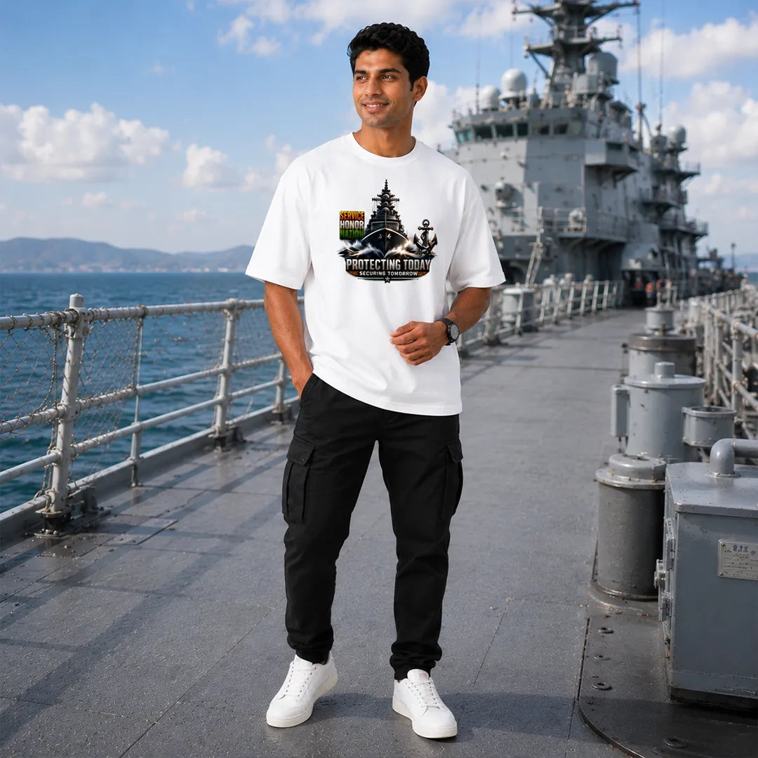 Indian Navy Warship Graphic Oversized T-Shirt - 240 GSM Pure Cotton