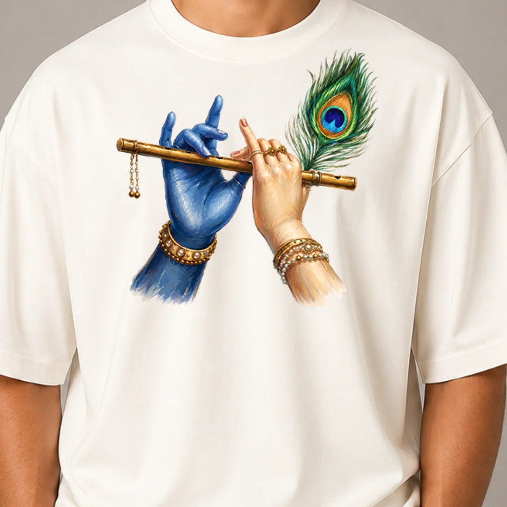 Excello Men's Divine Krishna Flute Graphic Oversized T-Shirt - 240 GSM Pure Cotton, Bio-Washed