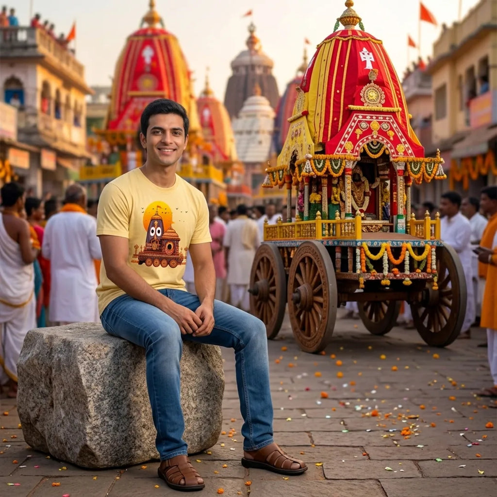 Premium Men's Pure Cotton Lord Jagannath Face & Rath Yatra Chariot Graphic T-Shirt