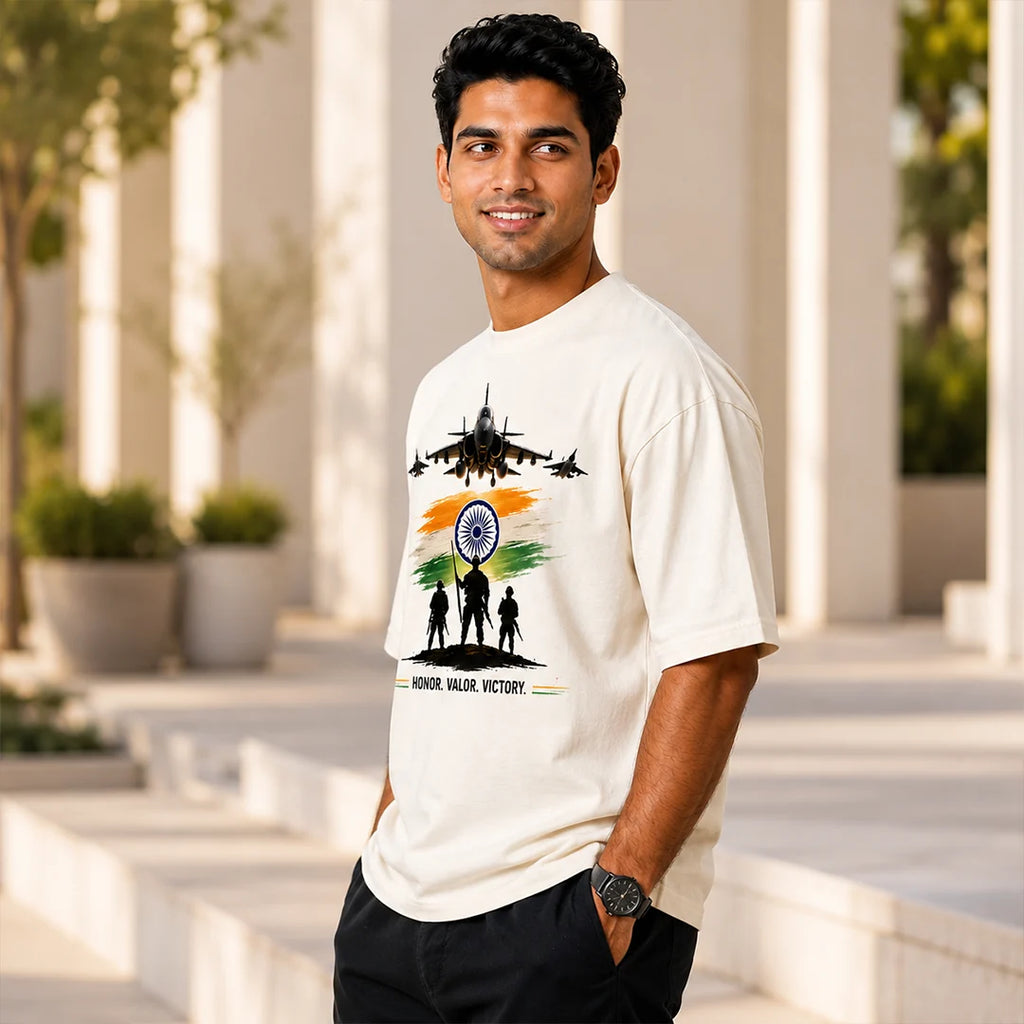 Men's Oversized Graphic T-Shirt - "Guardians of the Skies" IAF Tribute, 240 GSM Pure Cotton