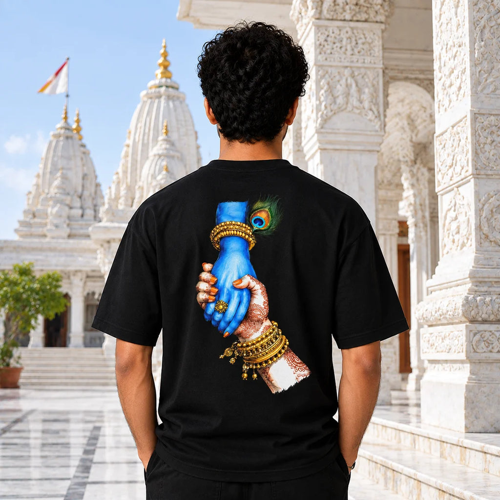 Excello Men's Jai Shree Krishna Divine Graphic Oversized T-Shirt - 240 GSM Pure Cotton, Bio-Washed
