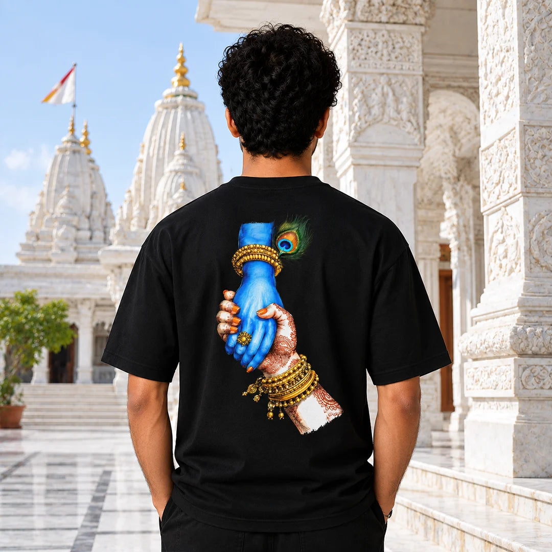 Excello Men's Jai Shree Krishna Divine Graphic Oversized T-Shirt - 240 GSM Pure Cotton, Bio-Washed