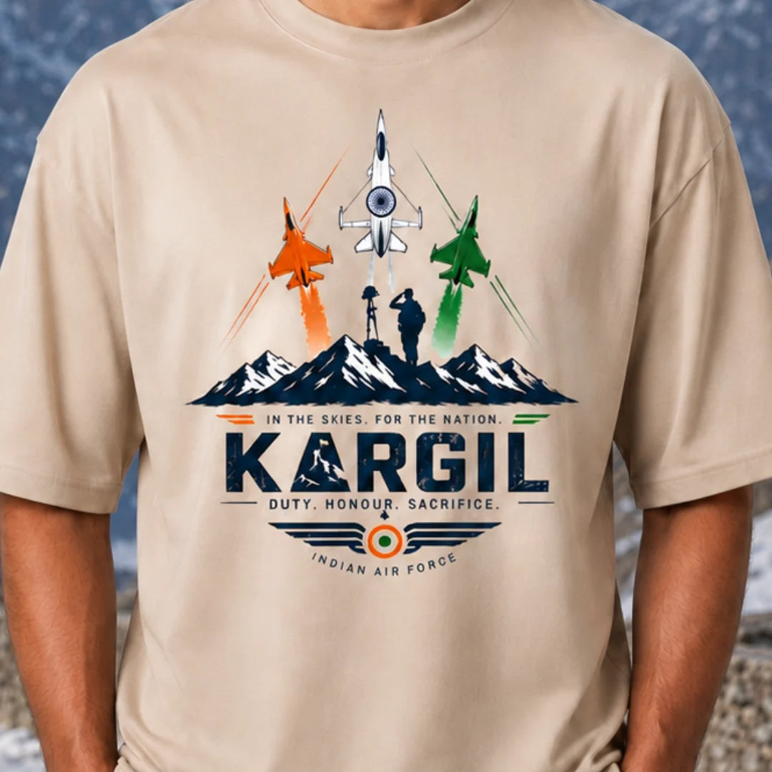 Men's Oversized Graphic T-Shirt - Kargil Indian Air Force Tribute, 240 GSM Pure Cotton, Bio-Washed