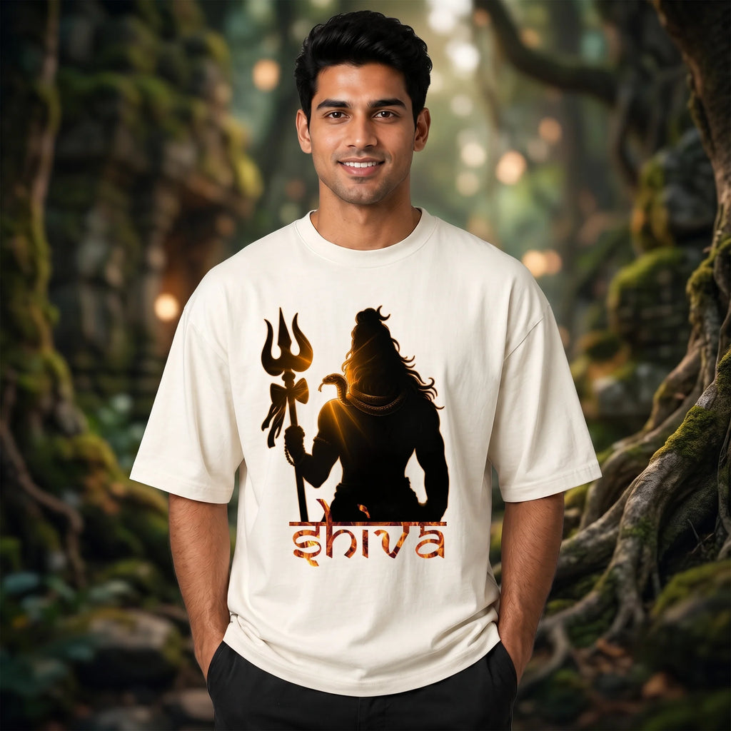 Lord Shiva Trishul Graphic Printed Oversized T-Shirt | Premium 240 GSM Pure Cotton Breathable Devotional Tee