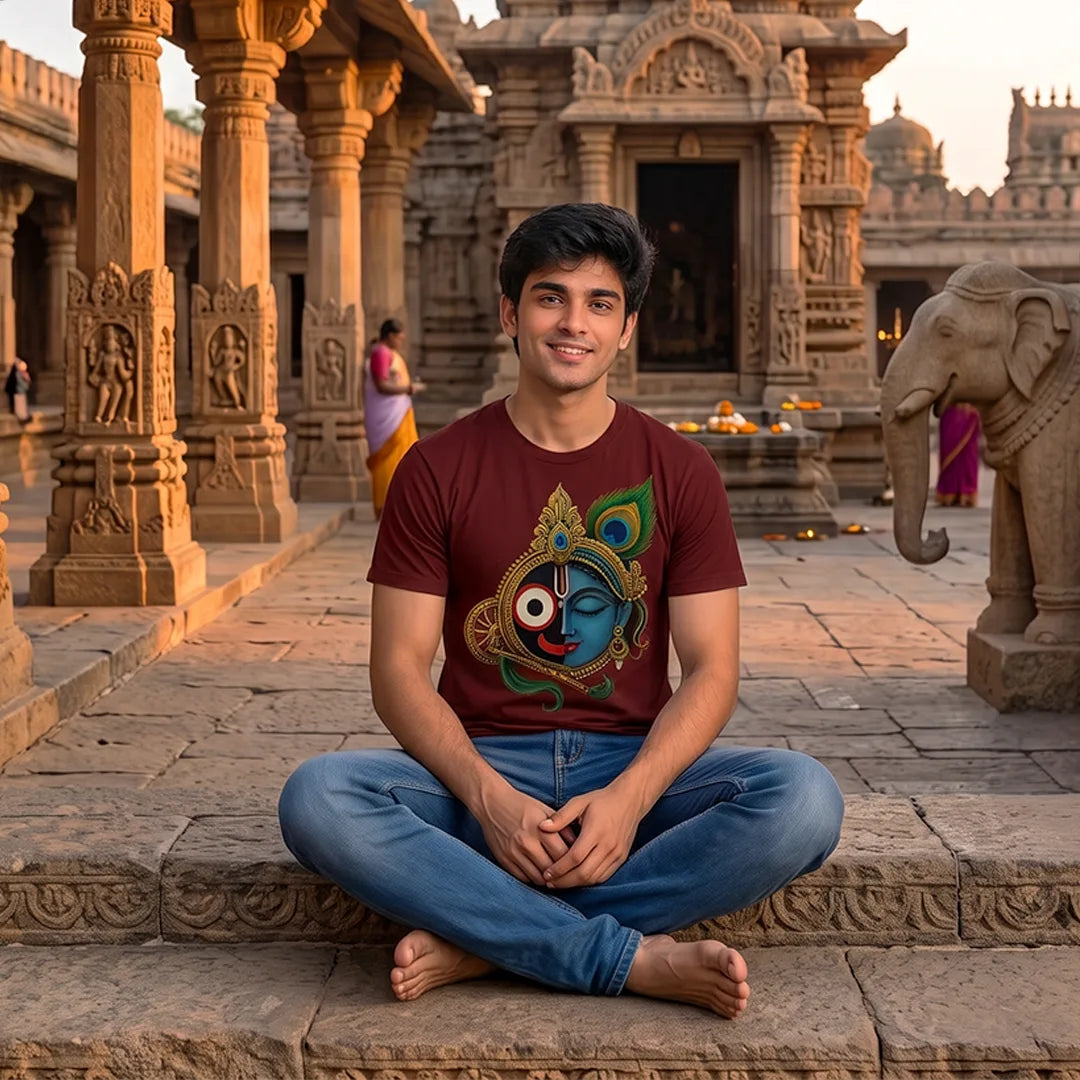 Men's Pure Cotton Lord Jagannath & Sri Krishna Fusion Graphic Printed T-Shirt