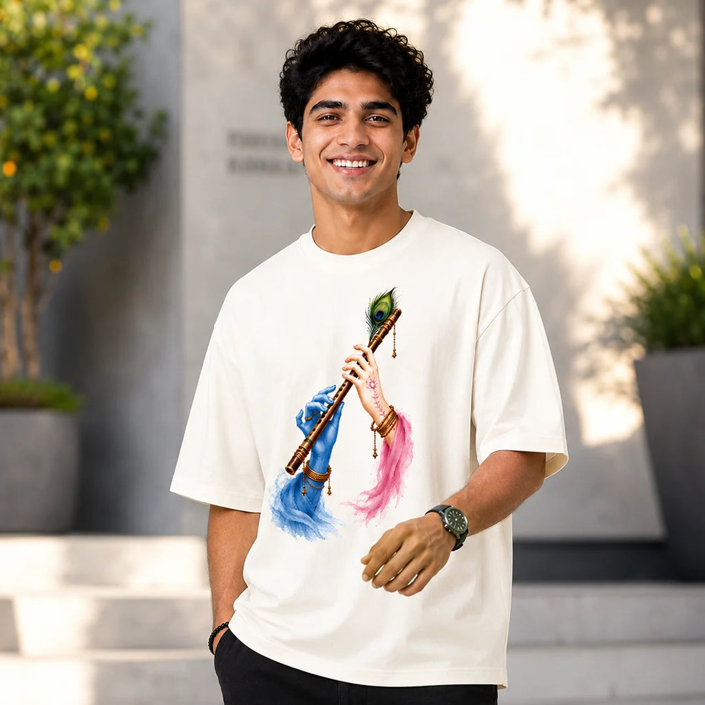 Excello Men's Divine Radha Krishna Flute Graphic Oversized T-Shirt - 240 GSM Pure Cotton, Bio-Washed