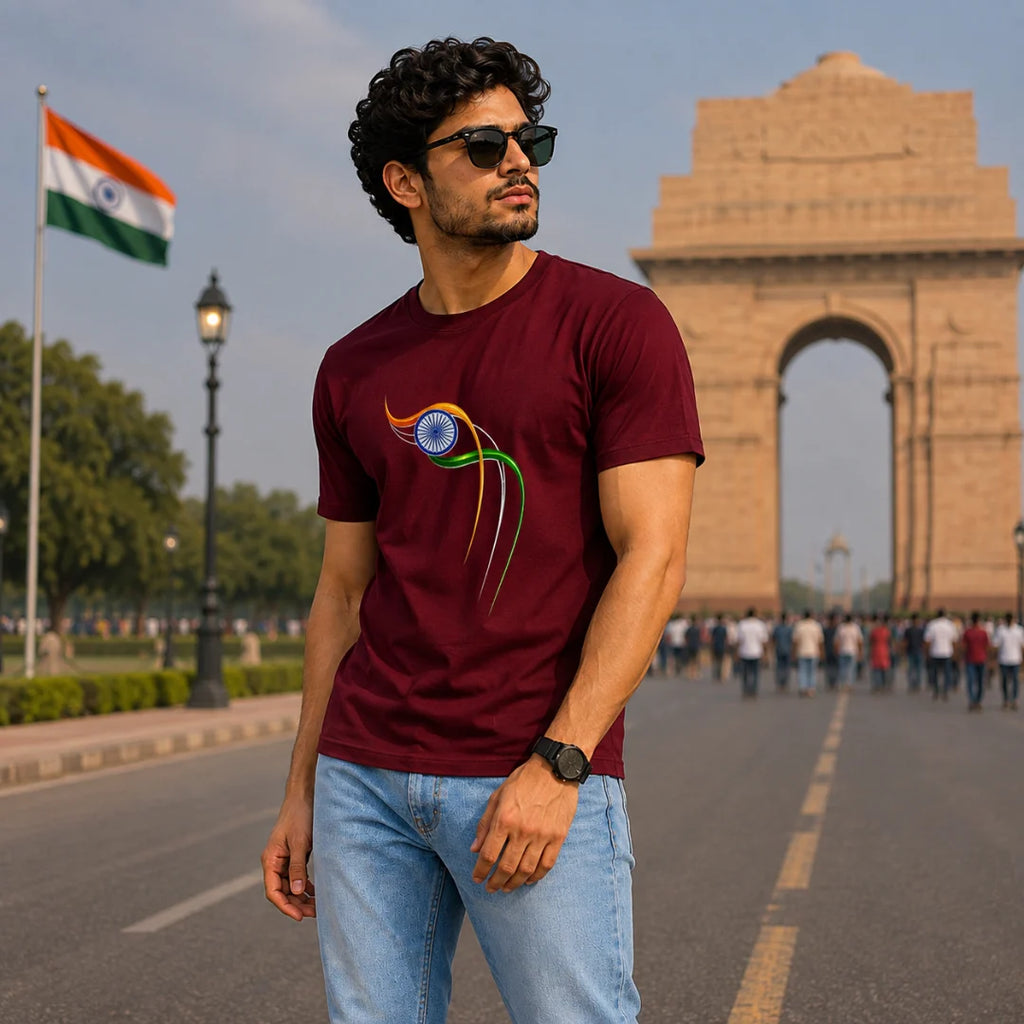 Excello Men's Patriotic Ashoka Chakra Graphic T-Shirt | 180 GSM Pure Cotton | Double Bio-Washed | Premium DTF Print