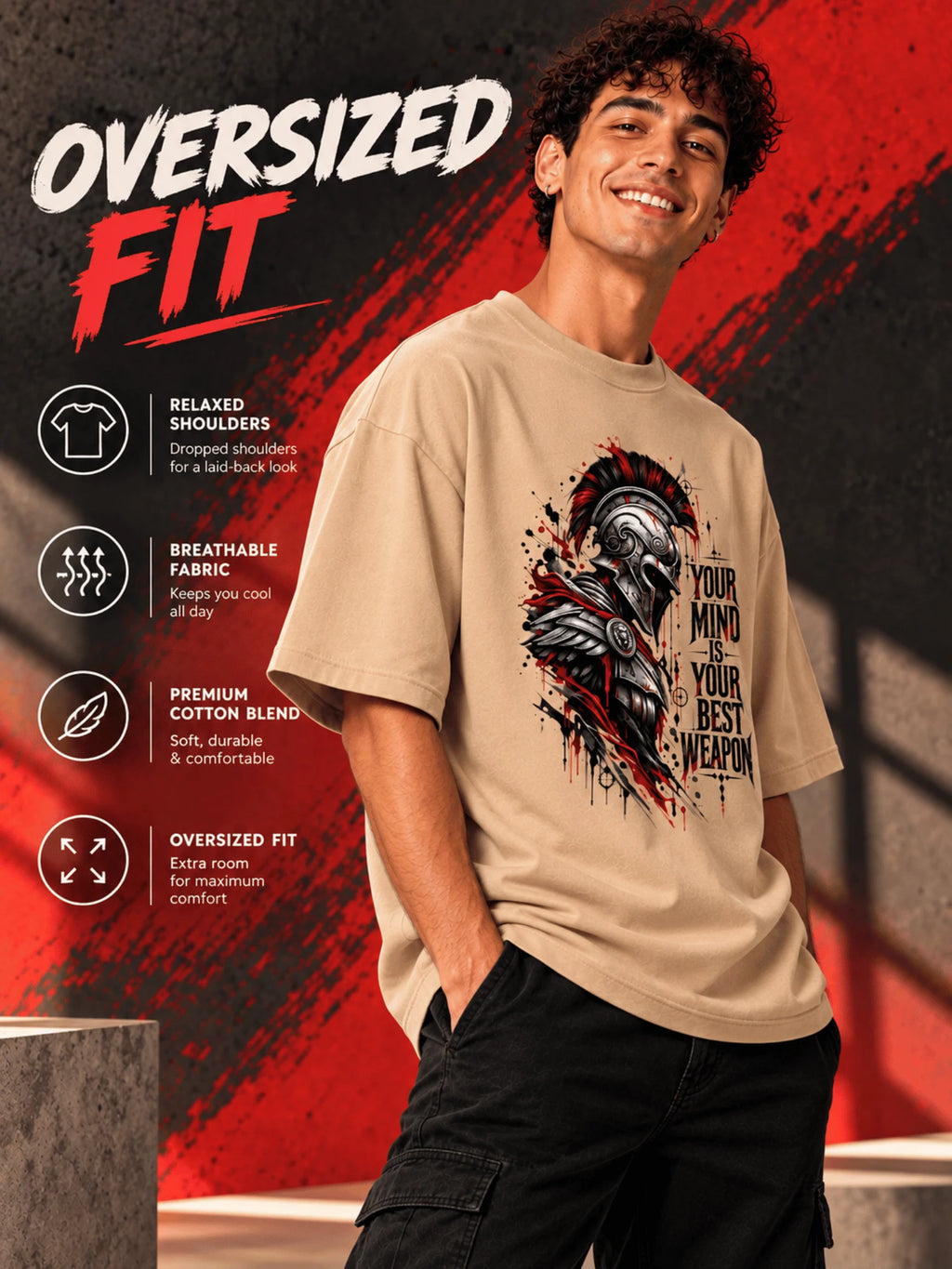 Excello Men's Spartan 'Your Mind Is Your Best Weapon' Graphic Oversized T-Shirt |  Beige
