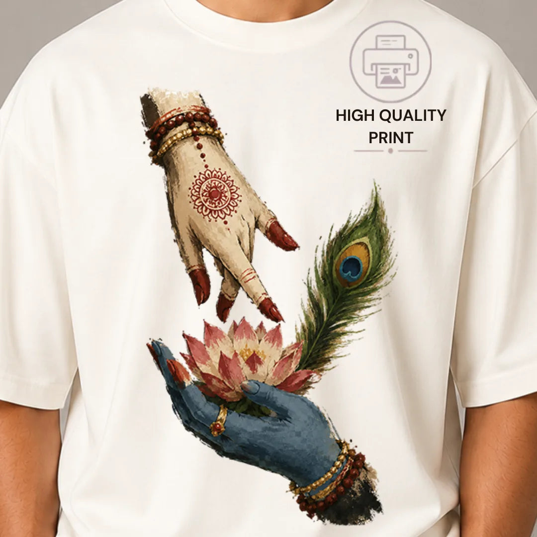 Excello Men's Divine Radha Krishna Lotus Graphic Oversized T-Shirt - 240 GSM Pure Cotton, Bio-Washed