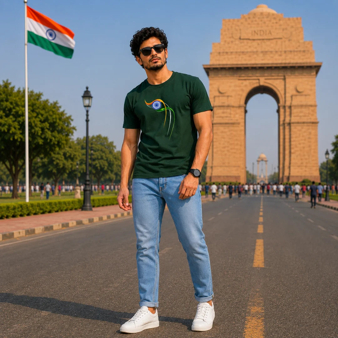 Excello Men's Patriotic Ashoka Chakra Graphic T-Shirt | 180 GSM Pure Cotton | Double Bio-Washed | Premium DTF Print