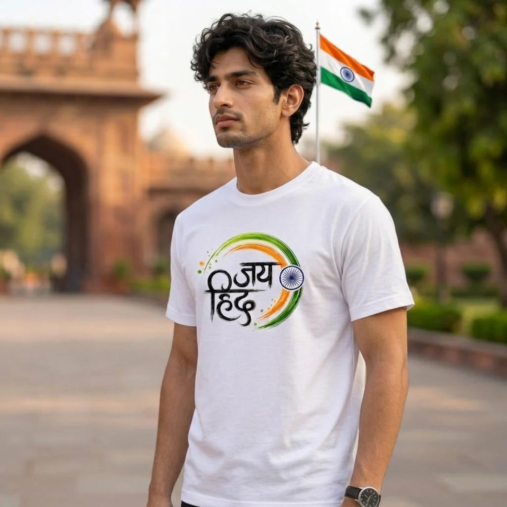 Excello Men's "Jai Hind" Patriotic Typography Graphic T-Shirt | 15th August Edition | 180 GSM Pure Cotton Regular Fit