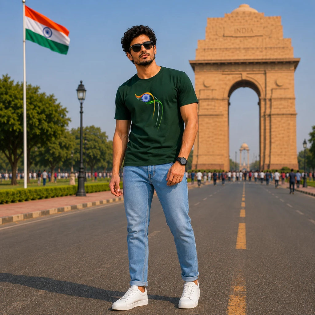 Excello Men's Patriotic Ashoka Chakra Graphic T-Shirt | 180 GSM Pure Cotton | Double Bio-Washed | Premium DTF Print